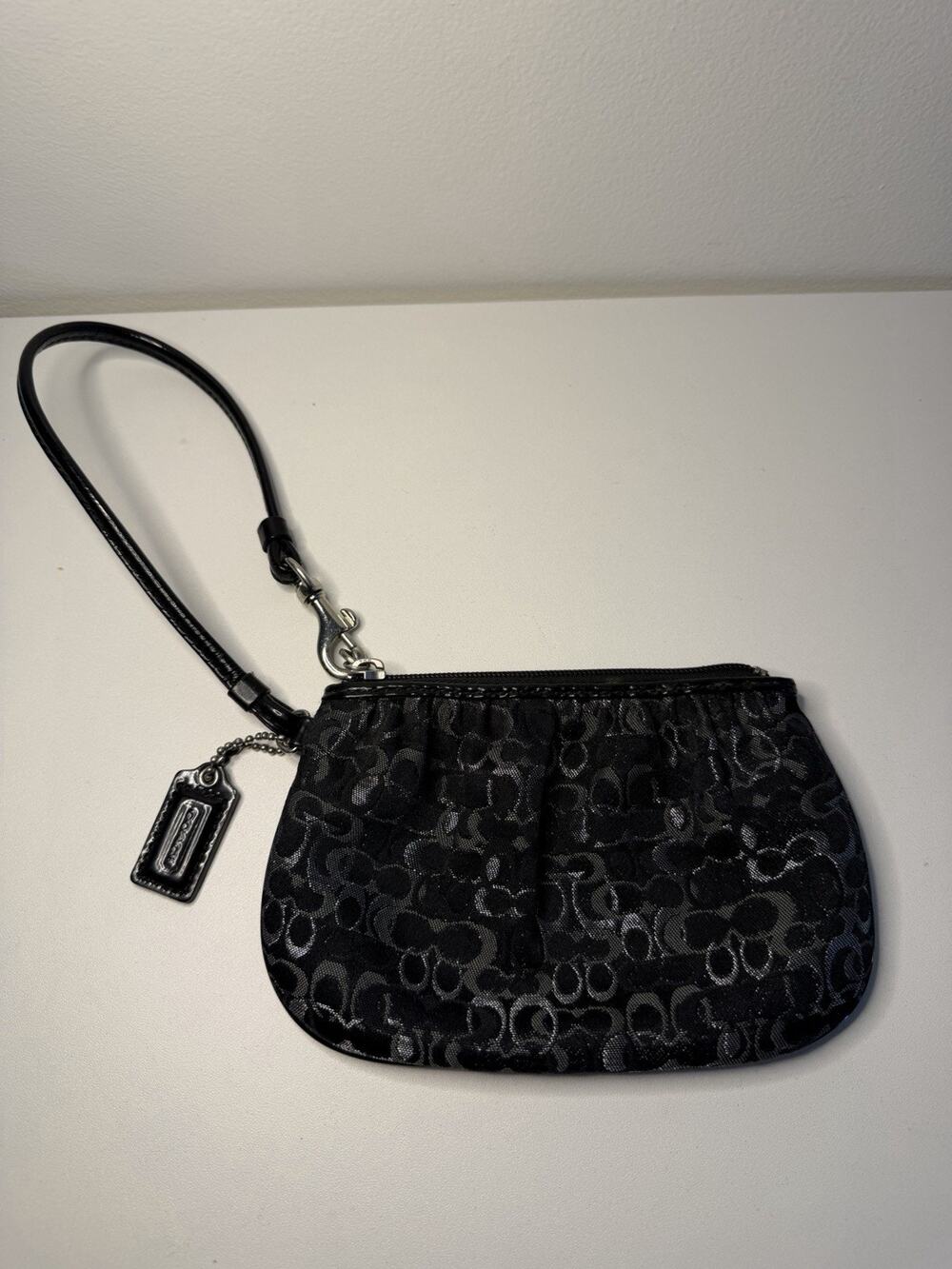 COACH Black & Silver Wristlet SIGNATURE "C" Jacquard Pouch Canvas Coin Wallet
